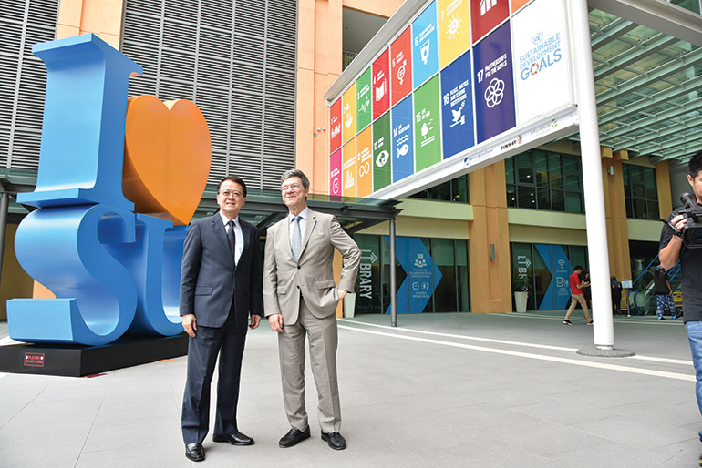 Tan Sri Dr. Jeffrey Cheah, AO (left), with Professor Jeffrey Sachs at Sunway University, ahead of the launch of the Jeffrey Sachs Center on Sustainable Development.